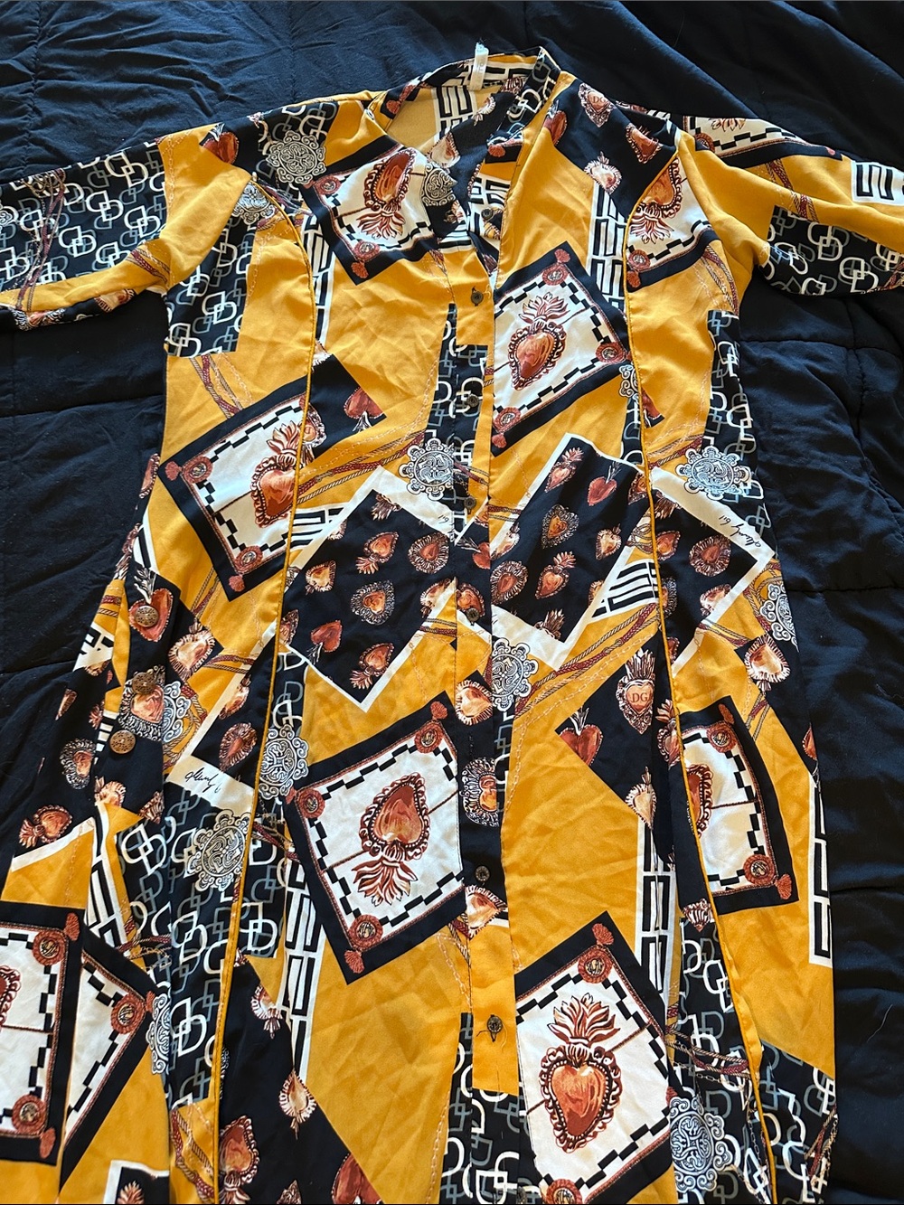 Women’s Mustard & Black Geometric Print Button-Front Dress